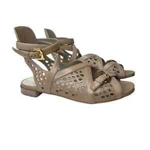 ✨ Prada Tan Leather Gladiator Ankle Strap Sandals Gold Buckles Sz 36.5 ✨
